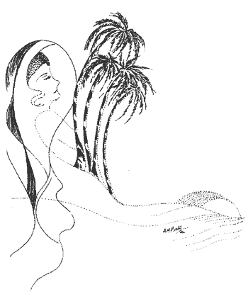 Grafica e poesia: Identit� - Coscienza - Socialit�: Alice PINTO: Bombay, India: Giovane donna con Sari in un paesaggio marino orientale con palme che contempla il sorgere del sole: riferimento: Pasquale MONTANO - glass bits (schegge di vetro) - POESIE - Edizioni Giuseppe LATERZA, Bari 2003