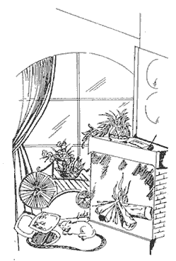 Grafica e poesia: Alice PINTO: Interno di una casa con un gatto davanti al camino acceso: riferimento: Pasquale MONTANO - glass bits (schegge di vetro) - POESIE - Edizioni Giuseppe LATERZA, Bari 2003